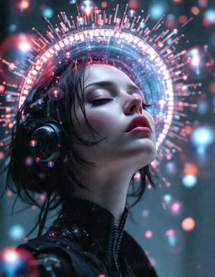The primary subject of the image is a woman with a headset on, wearing a black outfit. She is posing for the camera with a pouty expression. The setting is a futuristic environment, possibly a space station or a futuristic city. The visual style is a combination of digital art and illustration, creating a unique and captivating image. The colors and mood are predominantly dark and moody, with a hint of futuristic vibes.